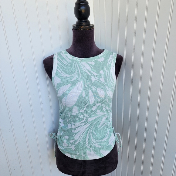 CAUTION TO THE WIND Women's Marble Swirl Print Tank Top Side Ties Green White S - Picture 1 of 10